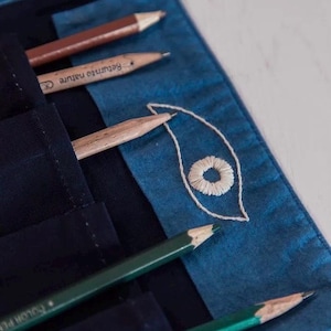 Indigo Cotton Cutlery Roll: Hand-Embroidered Travel Pouch