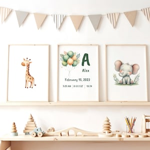 Personalized Baby Birth Stats Print Set, Safari Baby Name Print Set, Custom Jungle Animal Wall Art, Nursery Wall Art Decor, Kids Rom Decor