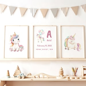 Unicorn Birth Stat Print Set, Rainbow Unicorn Name Print, My Little Pony Nursery Wall Art Decor, Digital Birth Poster Set, Baby Girl Print