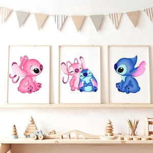 Watercolor Stitch and Angel Wall Art Set, Baby Nursey Digital Print, Kids Room Printable Artwork, Stitch Nursery Wall Art, Digital Print