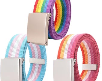 Rainbow Pride Canvas Belt with Metal Buckle – Adjustable LGBT Gay Lesbian Trans Waistband for Jeans, Festivals, Travel and Daily Wear
