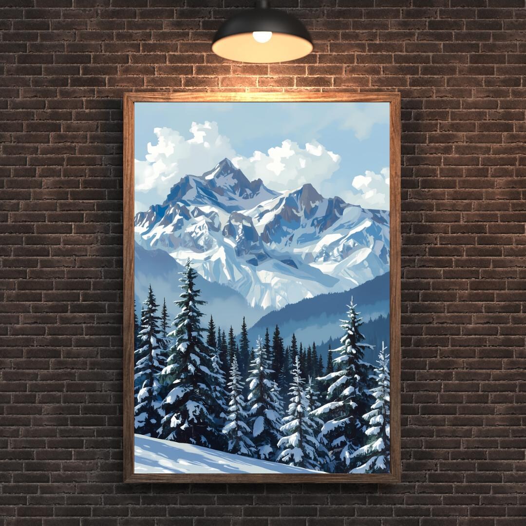 Snowy Mountain Wall Art Printable, Winter Landscape Blue Sky, Alpine ...