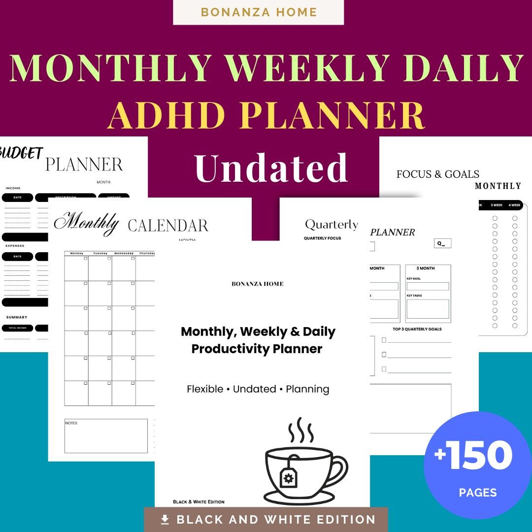 Undated Monthly Weekly Daily ADHD Planner Printable PDF Black & White ...