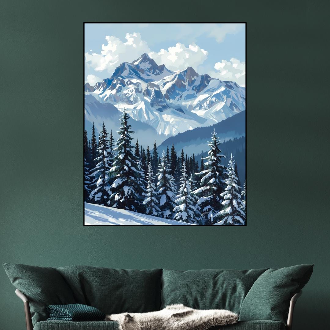 Snowy Mountain Wall Art Printable, Winter Landscape Blue Sky, Alpine ...