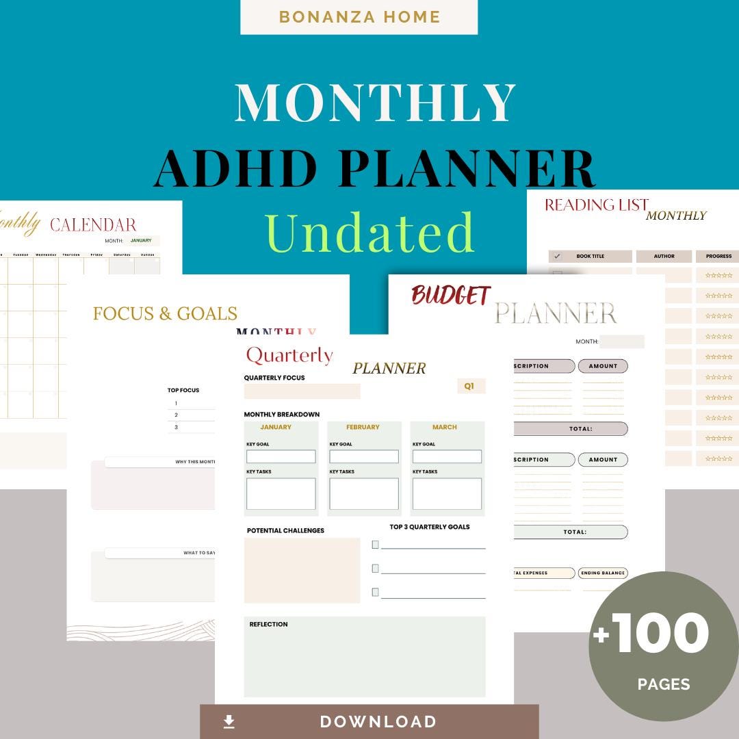 Undated Monthly ADHD Planner Printable | Monthly Focus Planner for Busy ...