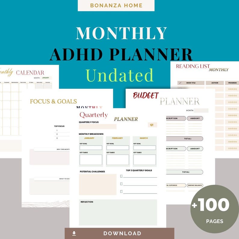 Undated Monthly ADHD Planner Printable | Monthly Focus Planner for Busy ...