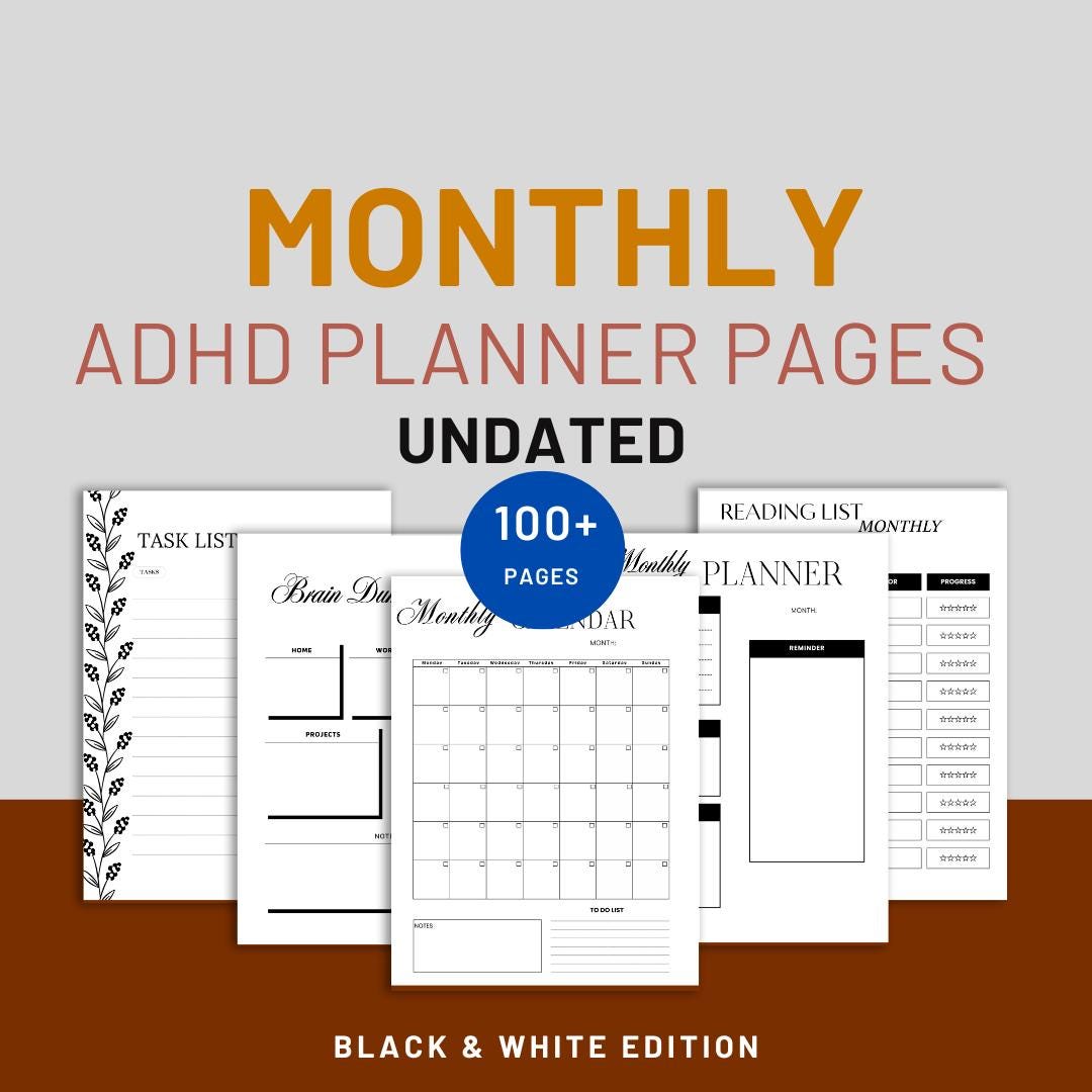 Undated Monthly ADHD Planner Printable PDF Black & White | 118 Minimal ...