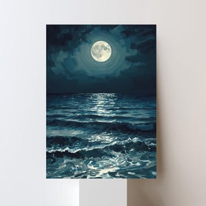 May include: An artistic painting depicts a full moon in a dark, cloudy sky, casting a shimmering reflection on the ocean's surface. The water is a mix of blues and whites, with visible waves. The artwork evokes a sense of tranquility.
