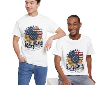 Patriottische zonnebloem: 4 juli-T-shirt, bloemdessin met Amerikaanse vlag, zomer-T-shirt