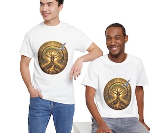 Uniseks grafisch T-shirt Tree of Life - katoenen T-shirt met gloeiende gouden wortels en vliegende duif natuurkunstprint