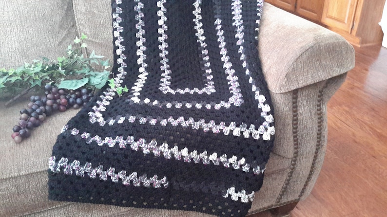 cozy home decor Handmade rectangular granny vintage throw blanket in black and multicolored yarn sofa throw READY TO SHIP