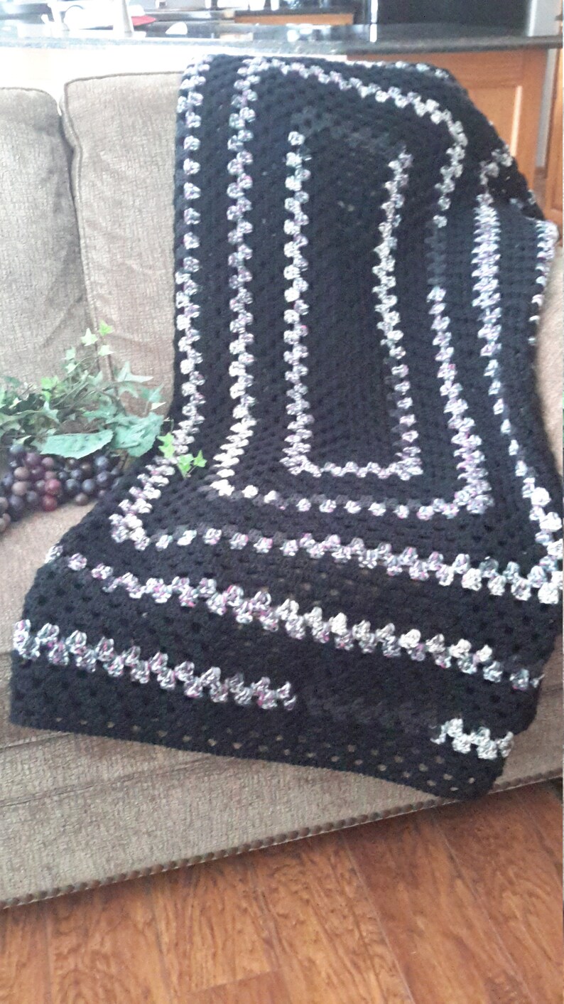 cozy home decor Handmade rectangular granny vintage throw blanket in black and multicolored yarn sofa throw READY TO SHIP
