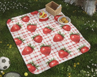 Cottagecore Strawberry Gingham Picnic Blanket, Picnic Blanket, Waterproof Outdoor Picnic Mat, Summer Beach Blanket