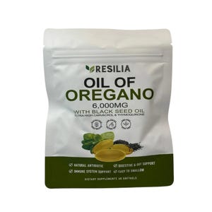 Puede incluir: Una bolsa blanca de Resilia Oil of Oregano 6.000 mg con aceite de semilla negra. El envase presenta texto e ilustraciones de hojas de orégano, semillas negras y cápsulas blandas. La bolsa también enumera beneficios como antibiótico natural.