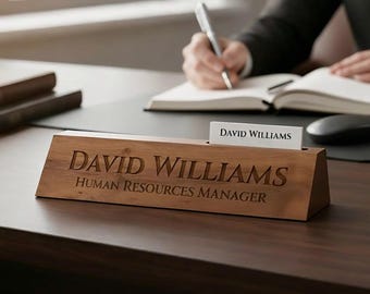 Coin de bureau personnalisé en noyer avec porte-cartes de visite - Plaque nominative de bureau personnalisée, plaque dirigeante gravée, cadeau professionnel