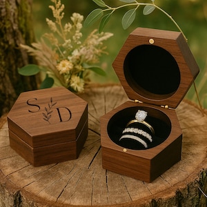 Custom Engraved Wooden Ring Box – Personalized Triple Ring Holder, Rustic Wedding Keepsake for Couple, Engagement & Anniversary Gift