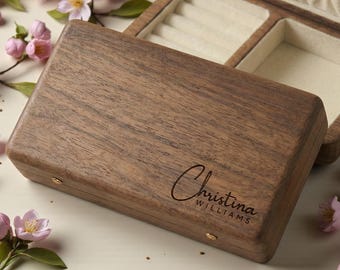 Boîte à bijoux personnalisée en noyer monogramme - trousse de voyage en bois gravée personnalisée, cadeau souvenir initiales pour elle, demoiselle d'honneur et cadeau de mariage