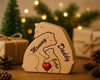 Casse-tête personnalisé en bois pour la famille des ours - Casse-tête personnalisé avec nom de famille gravé, casse-tête pour bébé, cadeau souvenir unique pour les parents, décoration d'intérieur