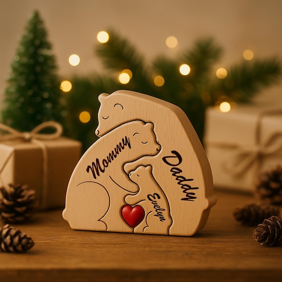 A family of engraved wooden bears arranged as a puzzle — each bear represents a family member, making it a keepsake that's both playful and genuinely one-of-a-kind; 145 hearts backs up the wow factor.