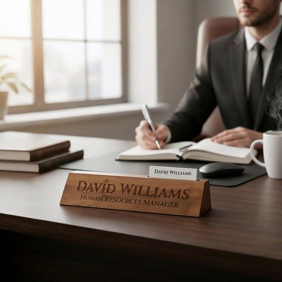 Custom Walnut Desk Wedge with Business Card Holder – Personalized Office Desk Name Plate, Engraved Executive Plaque, Professional Gift