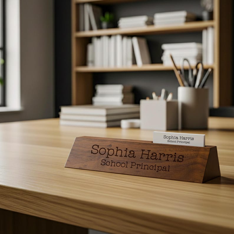 Puede incluir: Un letrero de escritorio de madera con el nombre "Sophia Harris" y el t&iacute;tulo "School Principal" grabados. Una tarjeta de visita blanca con el mismo nombre y t&iacute;tulo est&aacute; en la ranura. El letrero est&aacute; sobre un escritorio de madera.