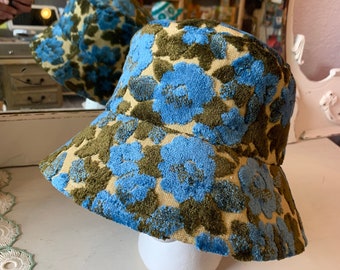 i.Tink Reversible Bucket Hat, 1960’s Vintage Chenille Tapestry Fabric and Electric Blue Corduroy, Sun Hat, Custom Made to Order in Your Size