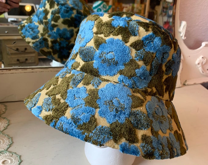 i.Tink Reversible Bucket Hat, 1960’s Vintage Chenille Tapestry Fabric and Electric Blue Corduroy, Sun Hat, Custom Made to Order in Your Size