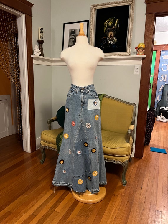 Denim Maxi Skirt with Patches, Reworked Vintage L… - image 7