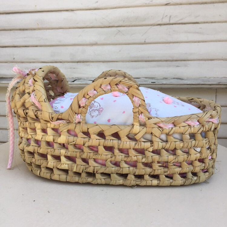 1970's Wicker Doll Basket, Moses Basket, Doll Bed, Cradle with Pink