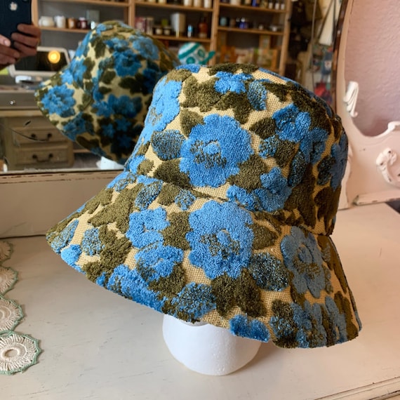 i.Tink Reversible Bucket Hat, 1960’s Vintage Chenille Tapestry Fabric and Electric Blue Corduroy, Sun Hat, Custom Made to Order in Your Size