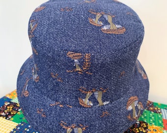 i.Tink Reversible Bucket Hat in Vintage MUshroom Print and Hemp Denim, Custom Made to Order, Sizes X-Small, Small, Medium and Large