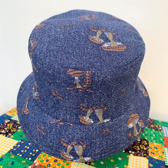 Reversible Bucket Hat, Vintage Mushroom Print, Hemp Denim  display picture 3