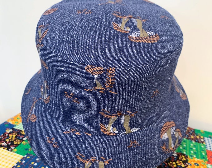 i.Tink Reversible Bucket Hat in Vintage MUshroom Print and Hemp Denim, Custom Made to Order, Sizes X-Small, Small, Medium and Large