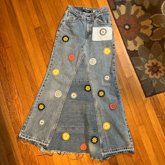 Denim Maxi Skirt with Patches, Reworked Vintage L… - image 1