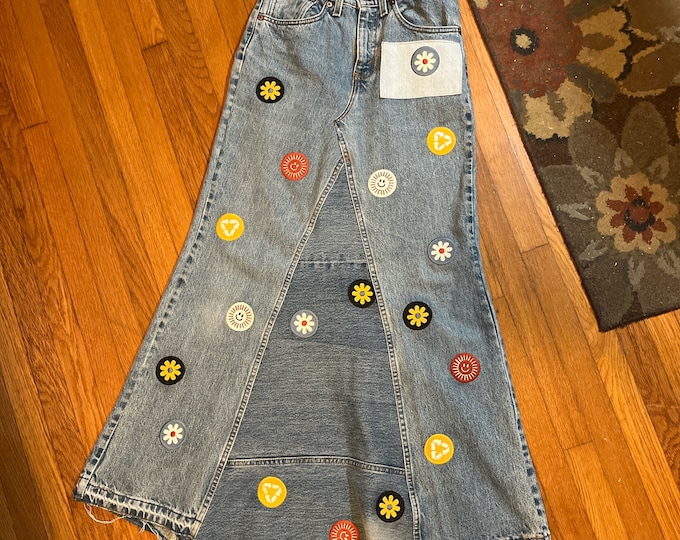 Denim Maxi Skirt with Patches, Reworked Vintage Levi’s Jeans, XS