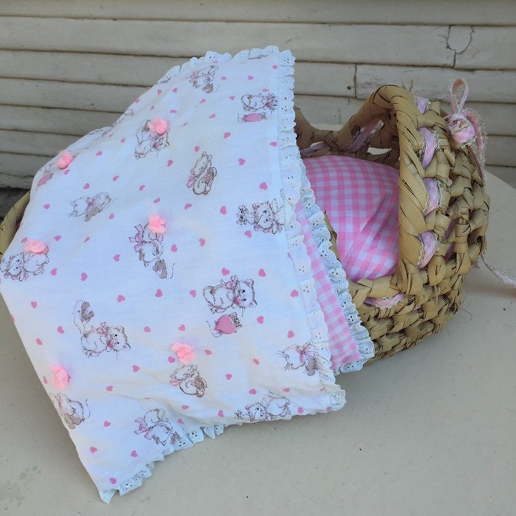 1970's Wicker Doll Basket, Moses Basket, Doll Bed, Cradle with Pink