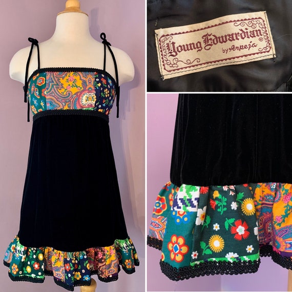 Vintage Velvet Patchwork Mini Dress, 1960's Mini,