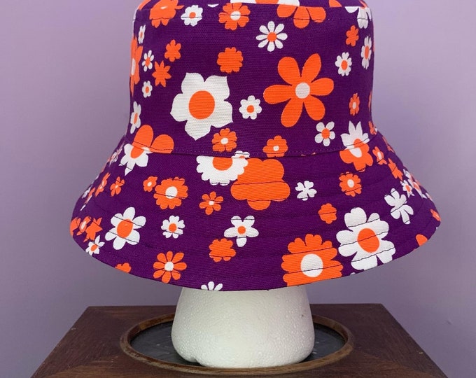 i.Tink Studios Bucket Hat, Purple with Orange Flowers, 1960’s Vintage Cotton Fabric, Custom Made to Order, X-Small, Small, Medium, Large