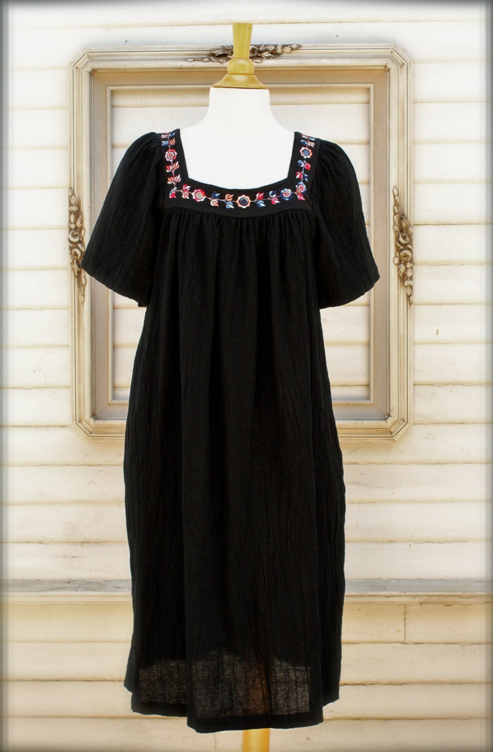 Vintage Black Embroidered Tent Dress, Cotton Gauze Midi Dress, 70's