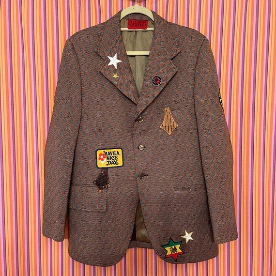 i.Tink Studios Customized Vintage Mens Blazer, Rough Rider, Double-Knit Polyester, Vintage Patches, Size 42