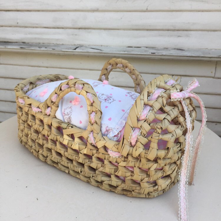 1970's Wicker Doll Basket, Moses Basket, Doll Bed, Cradle with Pink