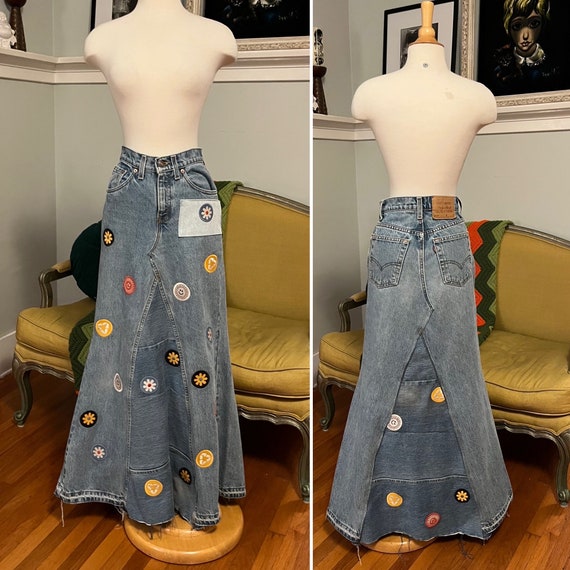 Denim Maxi Skirt with Patches, Reworked Vintage L… - image 3