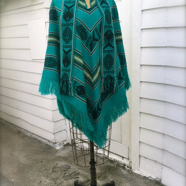 Inca Imports Turquoise Poncho, Aztec Design, Knit Cape with Fringe, Black, Mexican Blanket, Chevron Print Shawl, Aqua Blue, Boho Hippie