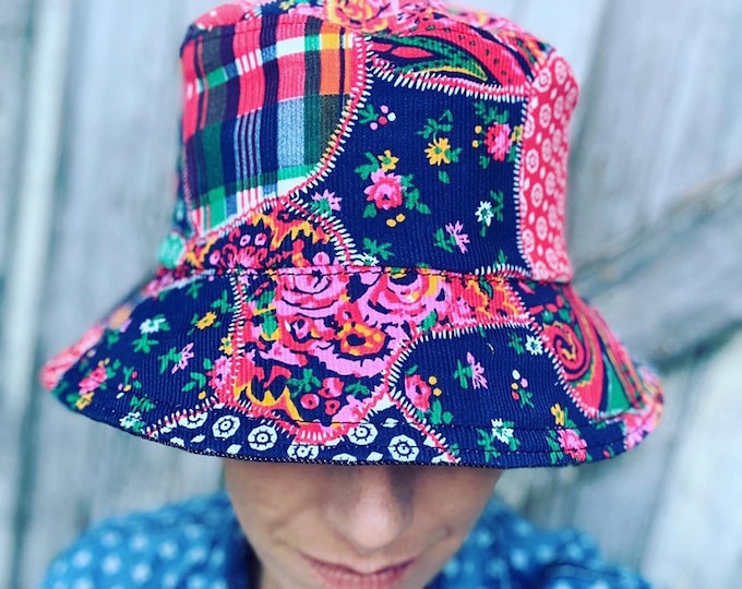 i.Tink Reversible Bucket Hat in Vintage Patchwork Corduroy and Hemp Denim, Custom Made to Order, Sizes X-Small, Small, Medium and Large