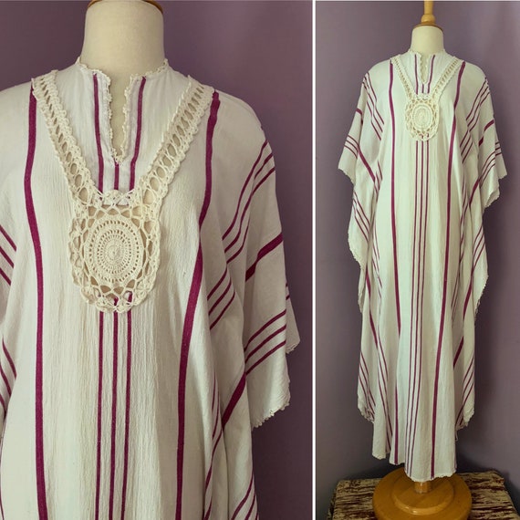 Vintage 1970's Gauzy Cotton Caftan,  White with Burgundy Stripes and Crochet Trim, Bat-wing Sleeves, Maxi Dress, Small