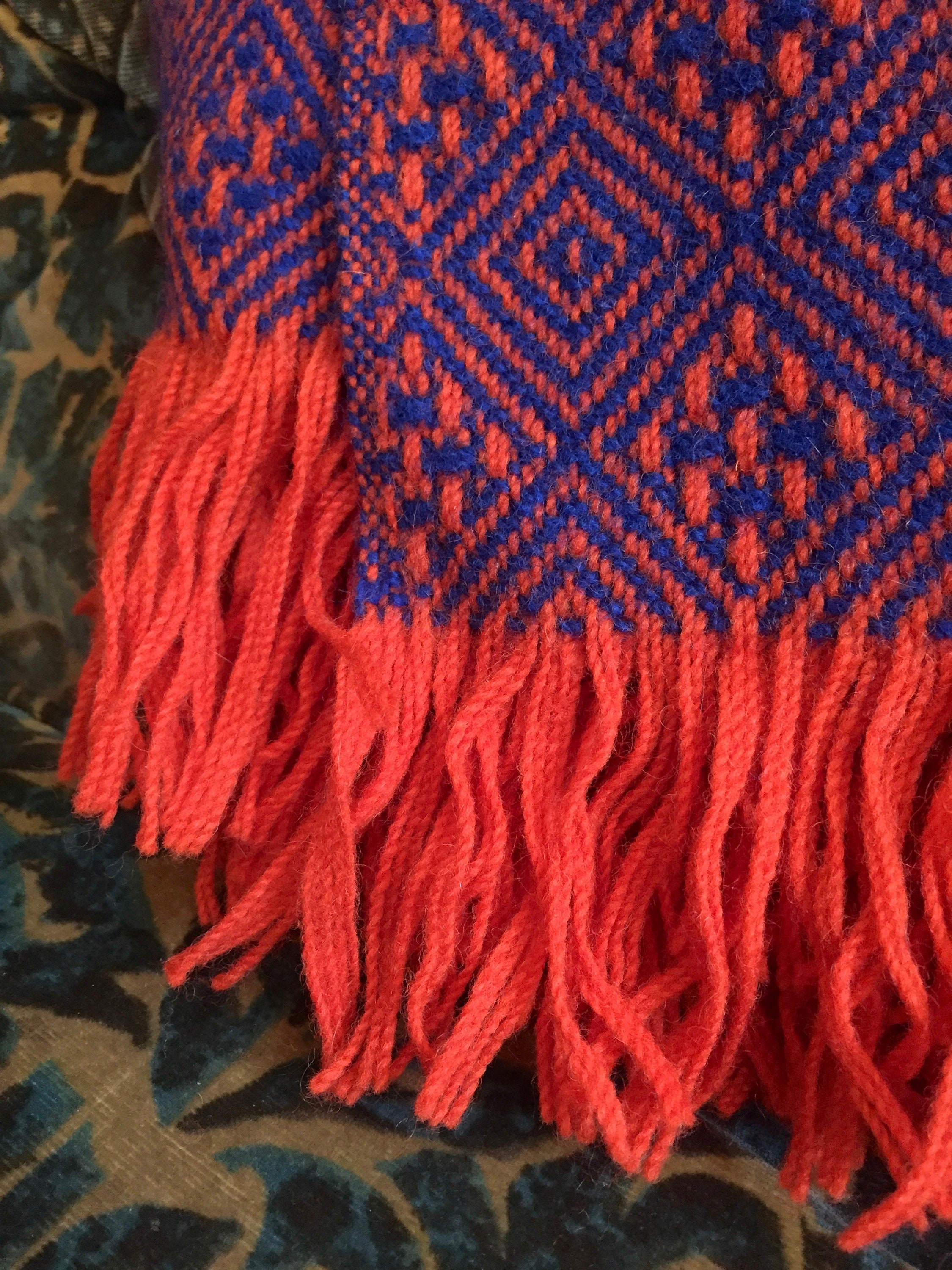 Pendleton Blanket with Fringe, Vintage Throw Blanket, Blue and Orange, Geometric Pattern