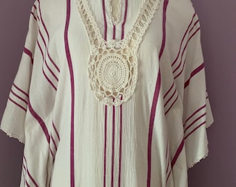 Vintage 1970's Gauzy Cotton Caftan,  White with Burgundy Stripes and Crochet Trim, Bat-wing Sleeves, Maxi Dress, Small
