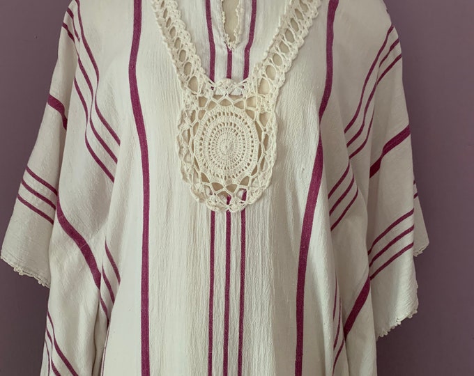 Vintage 1970's Gauzy Cotton Caftan,  White with Burgundy Stripes and Crochet Trim, Bat-wing Sleeves, Maxi Dress, Small