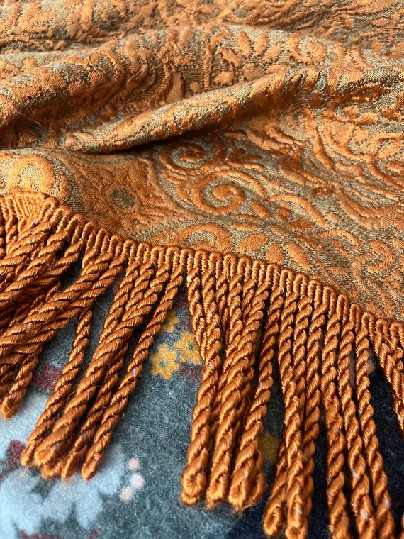 Vintage 1960's Fringed Tapestry Bedspread, King Size Comforter Blanket, Damask, Floral, Burnt Orange, Gray