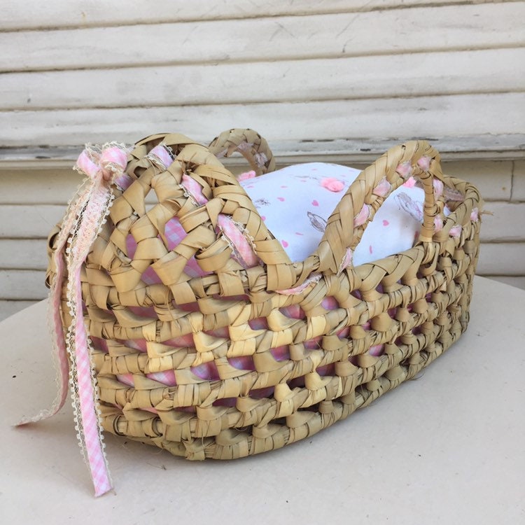 1970's Wicker Doll Basket, Moses Basket, Doll Bed, Cradle with Pink